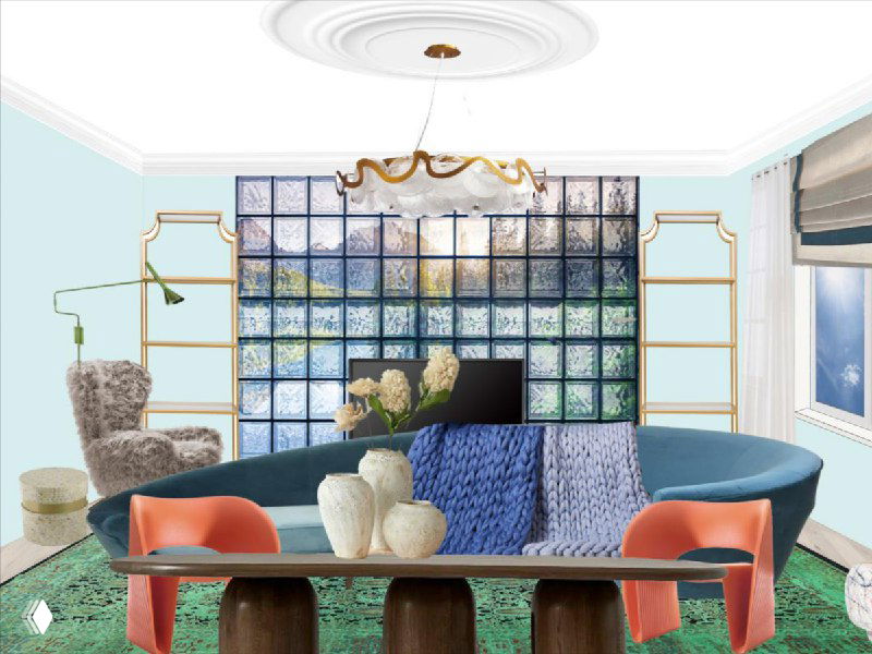 Визуализация гостиной‑столовой проекта: синий диван, обеденный стол и декоративные элементы на фоне панорамного модульного окна с видом и настроением утра.