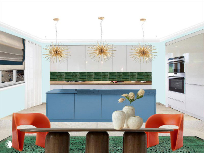 Рендер кухни с островом голубого оттенка, встроенной техникой и элементами декора, подчёркивающими сочетание глянца и матовых фактур в проекте.