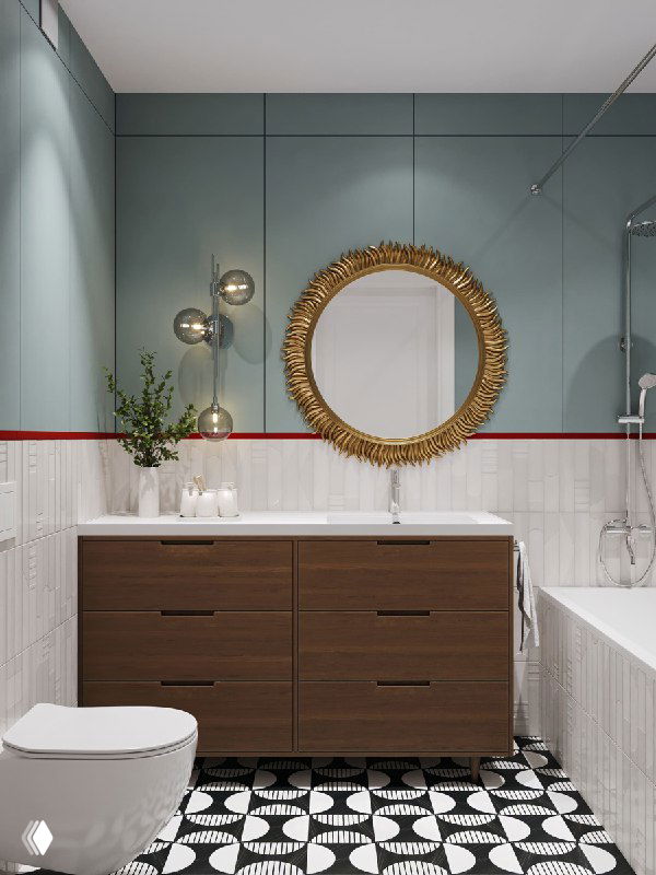 Фото ванной комнаты проекта: мятно‑голубые верхние панели, белая фактурная плитка внизу, яркая красная линия‑бордюр и зеркало в золотой раме