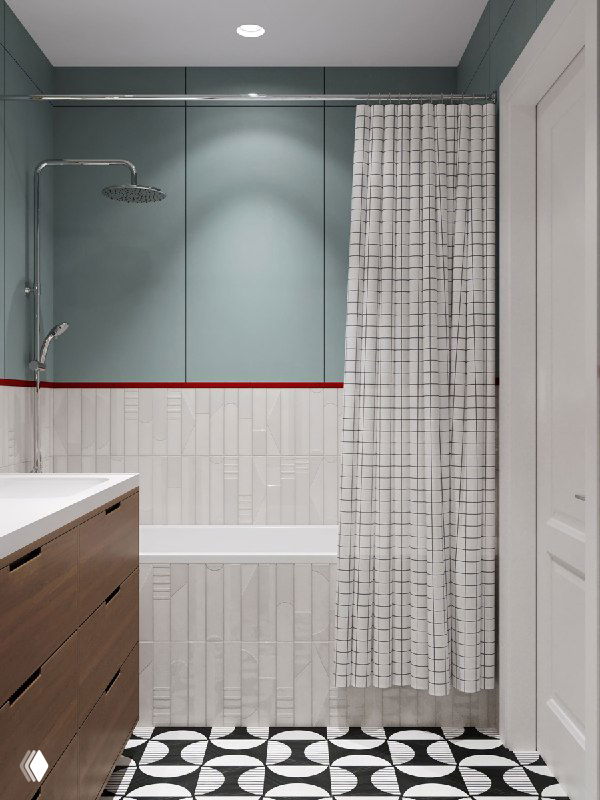 Вид вдоль ванны: небесный керамогранит STARO SLIM сверху, белая узкая плитка внизу и красная тонкая линия‑акцент вдоль стены