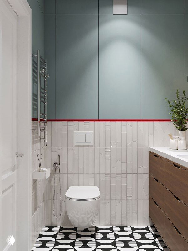 Общий ракурс ванной: контрастный черно‑белый геометрический пол, деревянный шкафчик, подвесное биде и мятно‑голубые фасады стен