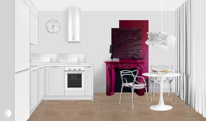 Светлая минималистичная кухня для аренды с бордовым каминным порталом, картиной и воздушной обеденной зоной — бюджетный интерьер в Instagram‑стиле.