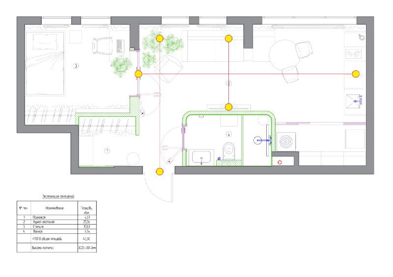 План квартиры после редизайна: чертёж с отмеченными зонами, двумя отдельными гардеробными, скруглённой ванной и акцентными осями интерьера.