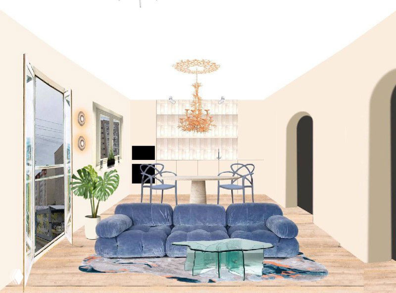 Визуализация светлой кухни-гостиной из проекта «Пляж на Луне»: диван, обеденная зона, арки и мягкая пляжная палитра в интерьере.