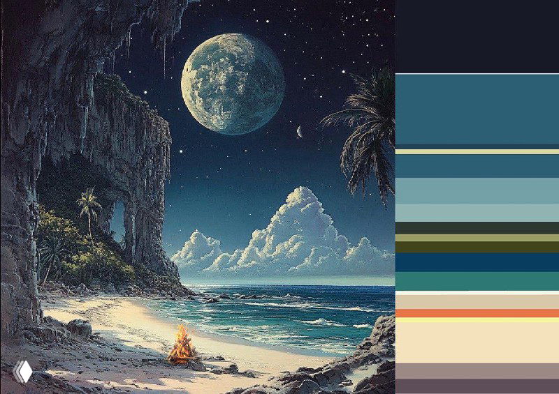 Иллюстрация вдохновения: пляжная сцена с костром под луной и палитрой цветов, использованной для создания атмосферы проекта.