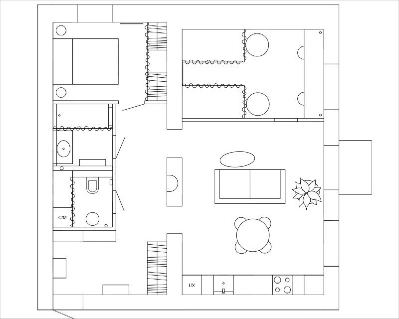 Новая планировочная схема после изменений: открытая кухня-гостиная, спальня на месте старой кухни и оптимизированное размещение санузла.