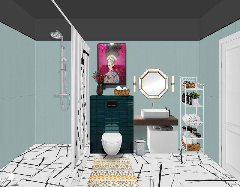 Компактная светлая ванная с зелёными стенами, графичной чёрно‑белой плиткой на полу, душевой шторкой, унитазом, раковиной и яркой картиной над инсталляцией.