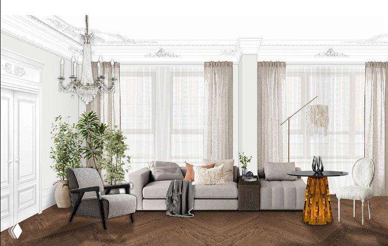 Зал-гостиная с большими окнами: светлый текстиль, элегантный диван, кресла и сочетание классической лепнины с современными аксессуарами.