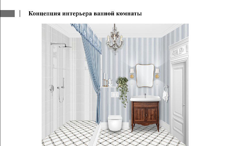 Концепция ванной комнаты: классическая плитка с узором, деревянная тумба под раковину и хрустальная люстра для театральной атмосферы.