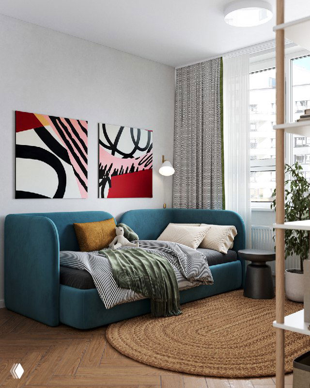 Визуализация трансформируемой комнаты: бирюзовый диван, круглый плетёный ковер, абстрактные картины и мягкие текстильные акценты.