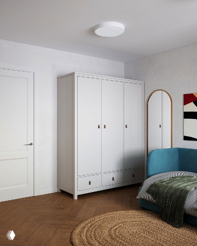 Вид на белый шкаф и высокое зеркало: паркетный пол, светлые стены и мебель, пригодные для кабинета и будущей детской.