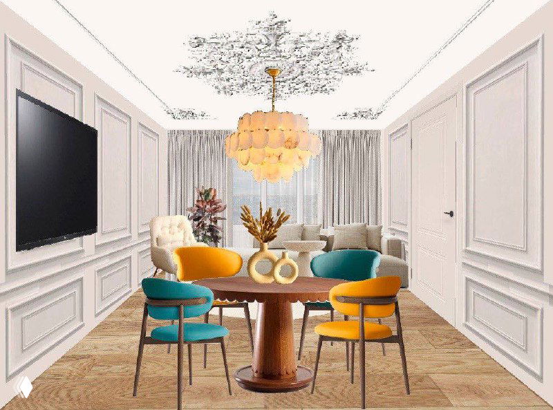 Реализация интерьерного проекта: столовая зона с круглым столом, яркими стульями, декоративной лепниной и мягким естественным освещением.