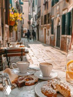 Фотография вдохновения: уличное кафе в узком итальянском переулке с чашками кофе и выпечкой на переднем плане, настроение утра.