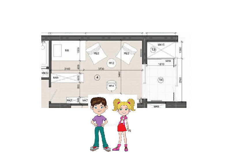 План комнаты в виде чертежа с обозначениями зон и рисунком детей — схема зонирования и расположения мебели для двух малышей.