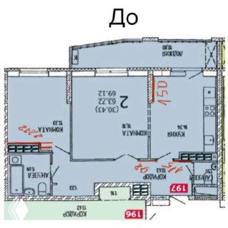 План квартиры «До»: архитектурный чертёж с размерами и исходной зонировкой, иллюстрация проблемной планировки до редизайна.