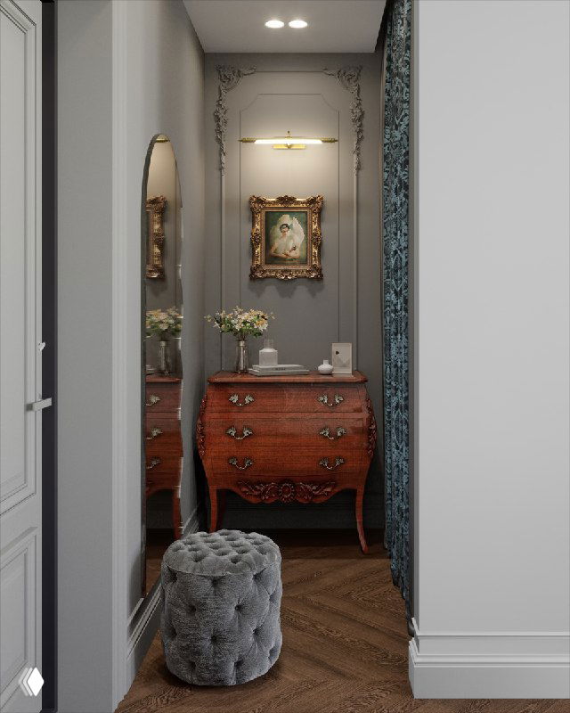 Общий вид прихожей с комодом, высоким арочным зеркалом, мягким пуфом, узорными шторами и декоративной подсветкой в коридоре.