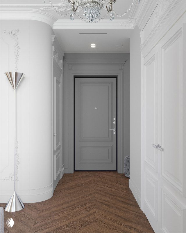 Коридор с классической лепниной, белыми панельными дверями, хрустальной люстрой и паркетом «ёлочка», выдержанный в французской эстетике.