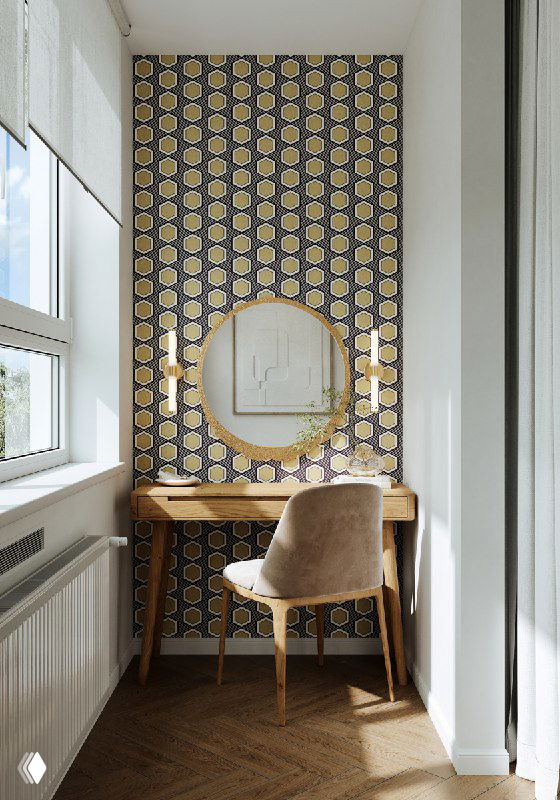 Туалетный столик на лоджии: зеркало с декоративной рамой, контрастные обои «пчелиные соты», стул и деревянный пол при ярком дневном свете.