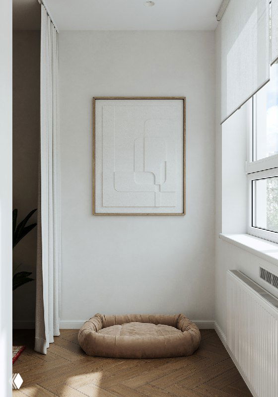 Лежанка для питомца на лоджии: минималистичная подушка-лежанка у светлой стены с большой картиной в золотой раме рядом с окном.