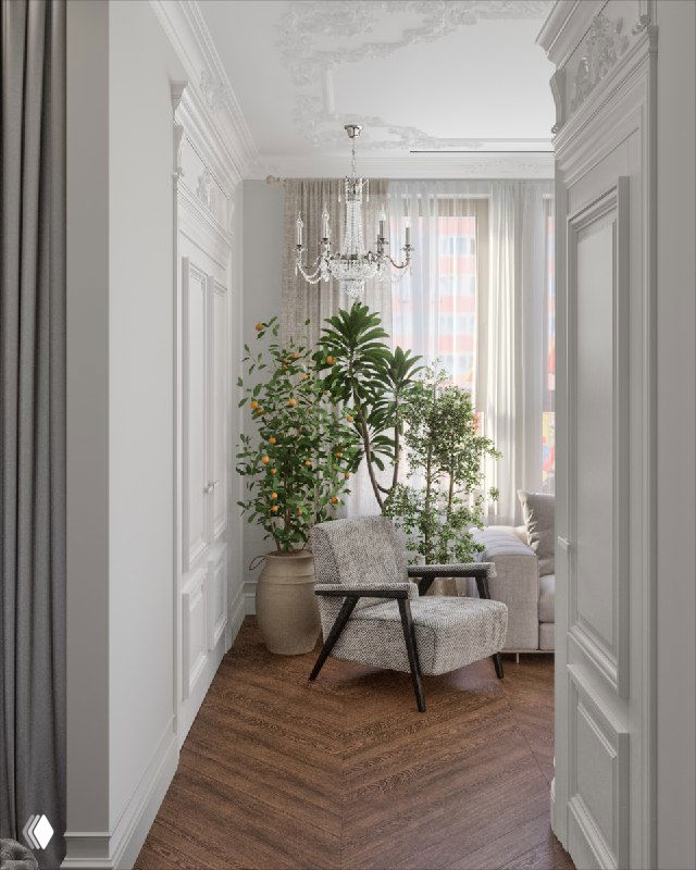 Уютный зелёный угол при входе: кресло Dantone Home, композиция комнатных растений, лепнина, люстра Dio D’Arte на фоне тёплого паркета.