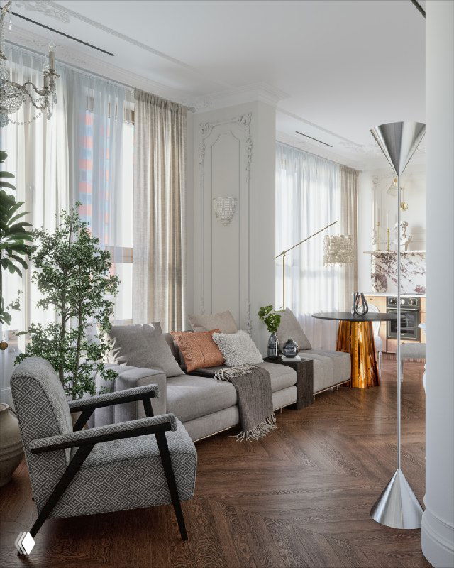 Гостиная с модульным диваном и креслом, высокие окна в лёгких шторах, элегантная лепнина и декоративный каминный портал Artpole на паркете.