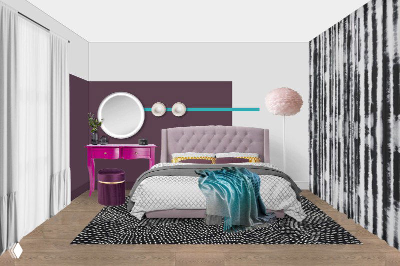 Интерьер инста-спальни: кровать Stefani с высоким изголовьем, макияжная зона с ярким акцентом, пушистый торшер LaLume и напольное зеркало за шторой.