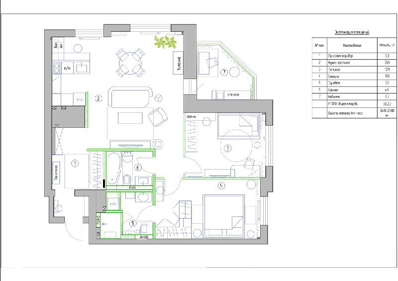 Архитектурный план квартиры с нанесённой мебелью и зонированием, предложенная планировка с гостиной в центре и выделенной мастер‑спальней.