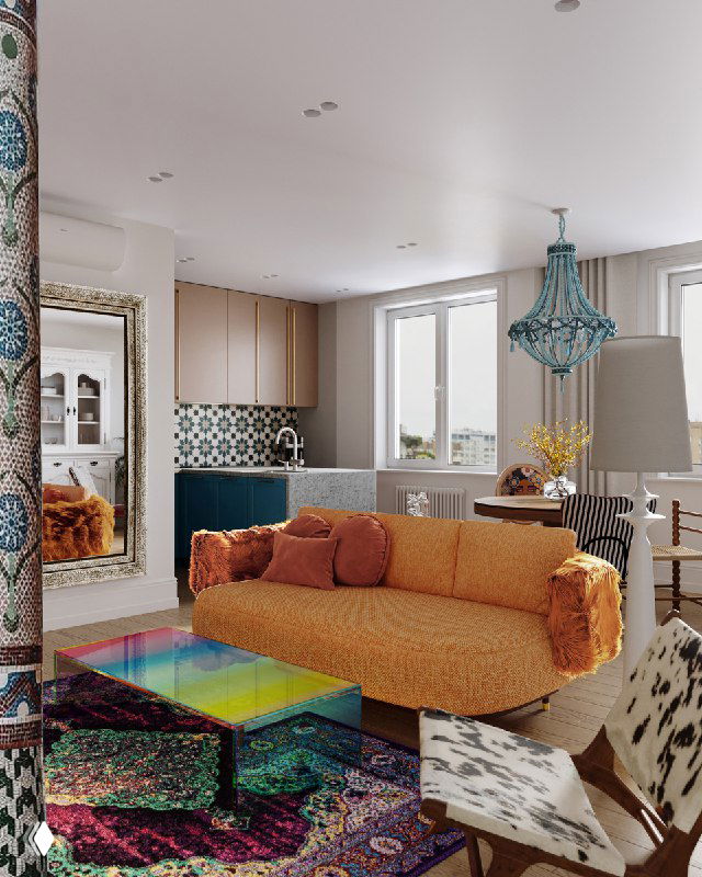 Гостиная с оранжевым диваном с меховой спинкой, мозаичной колонной и ярким градиентным журнальным столиком — общий план интерьера семьи.