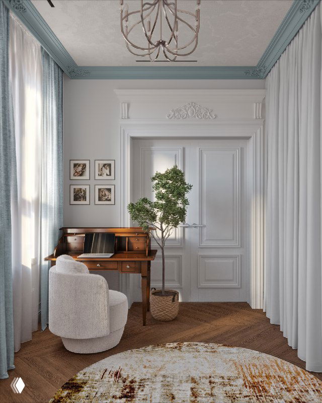 Уголок для работы в спальне: антикварный бюро-секретер, вращающееся кресло, растения и настенные декоративные рамы на фоне высоких штор.