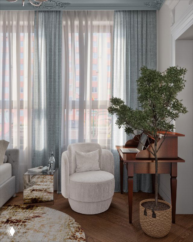 Уютный читающий уголок возле окна: круглое мягкое кресло, зеркальный столик, деревянный консольный стол и большое комнатное растение для живости интерьера.