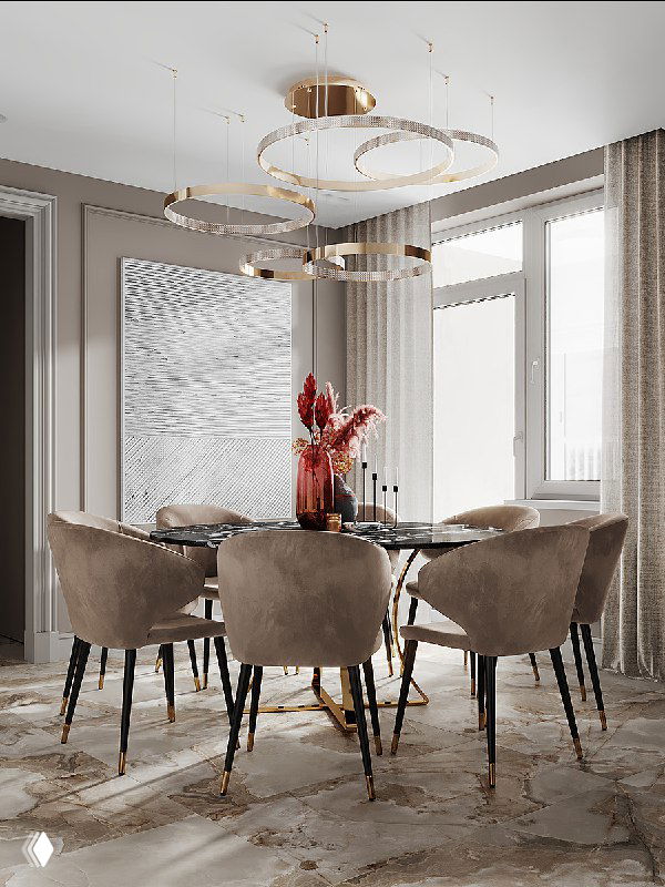 Визуализация столовой зоны: круглый стол с креслами на ножках в чёрно-золотой гамме, многоярусная круглая люстра и текстурная картина на стене в интерьере кухни-гостиной.