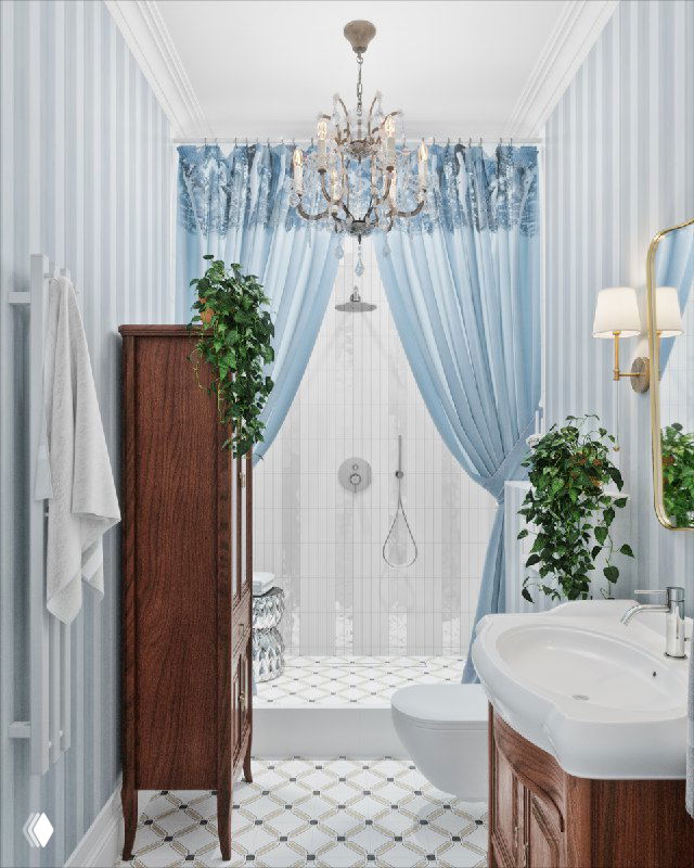 Вид ванной с душевой зоной: голубые занавески, полосатые стены, высокий деревянный шкаф, зелёное растение и глянцевая плитка в душевой.