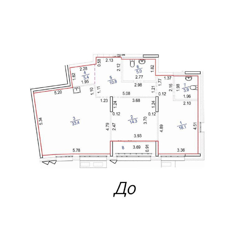 План квартиры «До»: видна неправильная форма прихожей и кухни-гостиной с размерами на чертеже, что осложняло зонирование и мебельную расстановку.