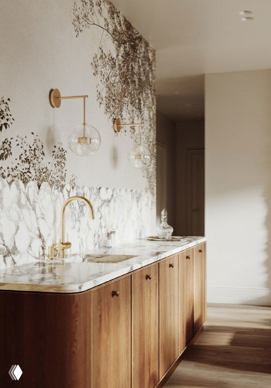 Кухонная зона с фреской ветвей на стене, тёплыми деревянными фасадами, мраморной столешницей, медными смесителями и естественным дневным освещением.