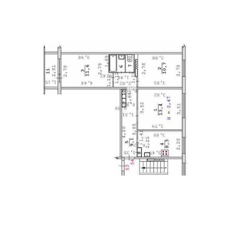 Чёрно‑белый план квартиры до перепланировки: схема панельной трёшки с размерами и расположением кухни, санузла и комнат, вид сверху.