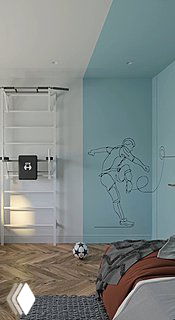 Интерьер детской комнаты для футболиста: голубая акцентная стена с росписью, шведская стенка, мебель и футбольный мяч.