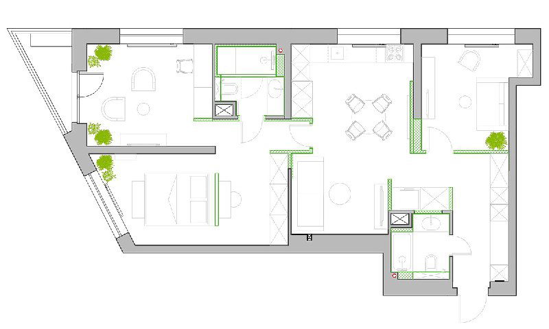 Планировочный чертёж квартиры — вид «после»: показаны изменённые перегородки, размещение кухни у окна, гардероб и объединённая ванная с хамамом.
