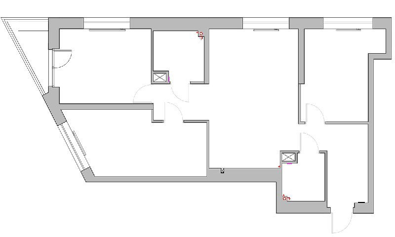 Исходная планировка от застройщика — вид «до»: длинный узкий коридор, несущие конструкции и компактная кухня, требующая доработки.