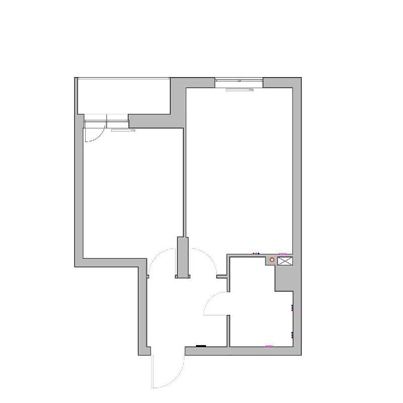План квартиры в ЖК «Флагман» — исходная чёрно‑белая схема двухкомнатной квартиры: коридор, две комнаты, санузел и размещение дверных проёмов.