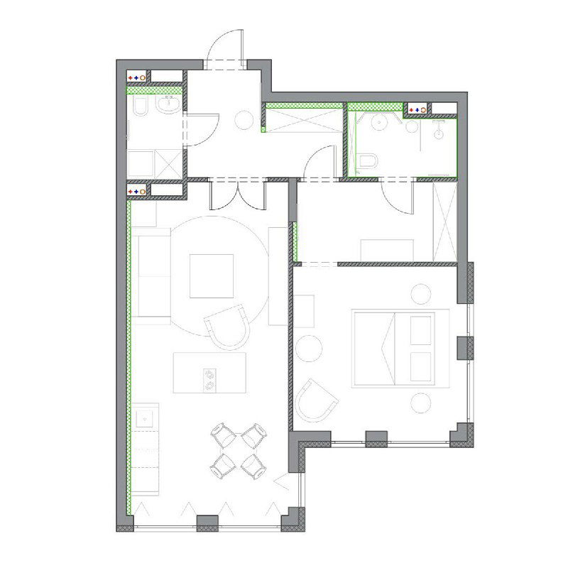 Планировка квартиры проекта GRADIZ в ЖК ELEVEN: изображение с расстановкой мебели, кухней-гостиной и мастер-спальней, зонирование.