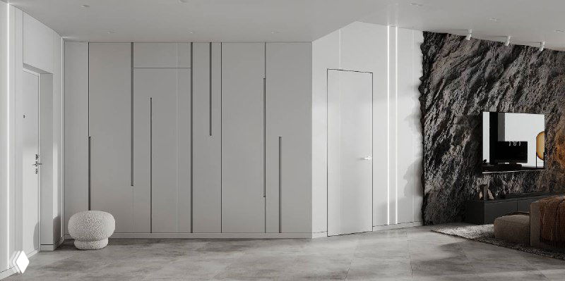 Пространство прихожей и гостиной в едином решении: панорамные белые поверхности, декоративные ниши и уютные посадочные места в альпийском стиле.