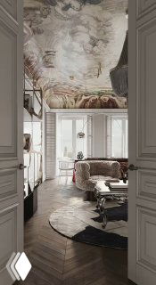 Интерьер гостиной с фресковой потолочной росписью в стиле ренессанс, высокими потолками 3,6 м, диваном и роскошной столовой зоной у окна.