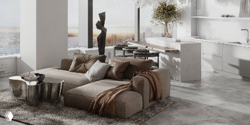 Гостиная-кухня с низкими модульными диванами, скульптурной декоративной фигурой и панорамными окнами с видом — светлые натуральные материалы и мягкие формы.