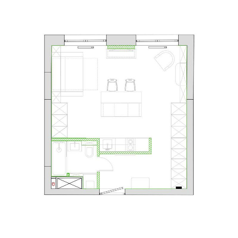 План квартиры-студии 37,4 м² с расстановкой мебели и зон: кухня с островом в центре, камин и системы хранения, вид сверху в проекции.