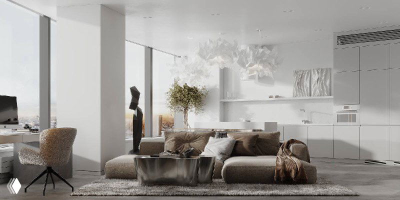 Открытое пространство кухни и гостиной: белая кухонная зона, мягкие диваны и декор в спокойной нейтральной палитре, создающей атмосферу швейцарских интерьеров.