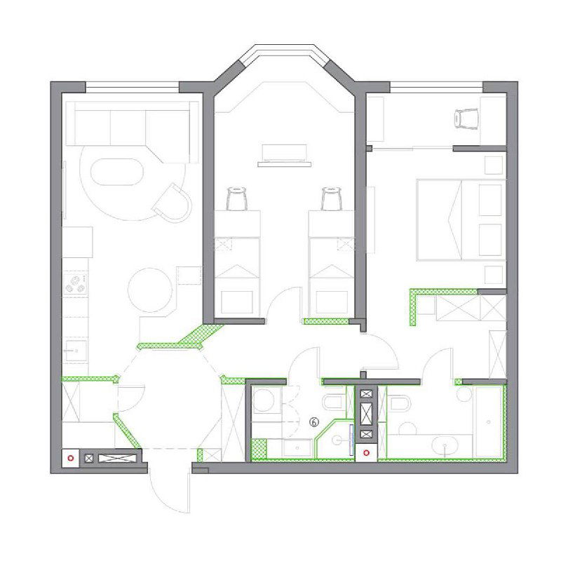 Планировка квартиры в ЖК «На Некрасова» — чертёж с выделенным восьмиугольным холлом, спальнями, ванной и зонами гардероба, вид сверху.