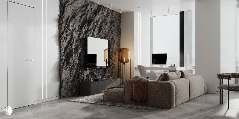 Акцентная стена с тёмной фактурой и встроенным телевизором в гостиной: контрастные материалы на фоне светлого интерьера проекта «Швейцарские Альпы».