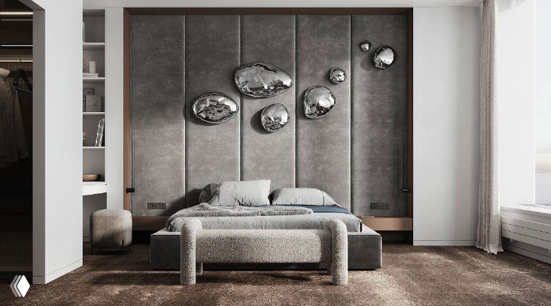 Спальня проекта: мягкая кровать и декоративные элементы на стене, спокойная серая палитра и текстиль, вдохновлённые альпийской эстетикой и натуральными материалами.