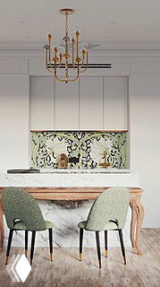 Кухонный остров с мраморной столешницей, резной обеденный стол, зелёные стулья Hudson и цветочный фартук в стиле ар-нуво под золотой люстрой.