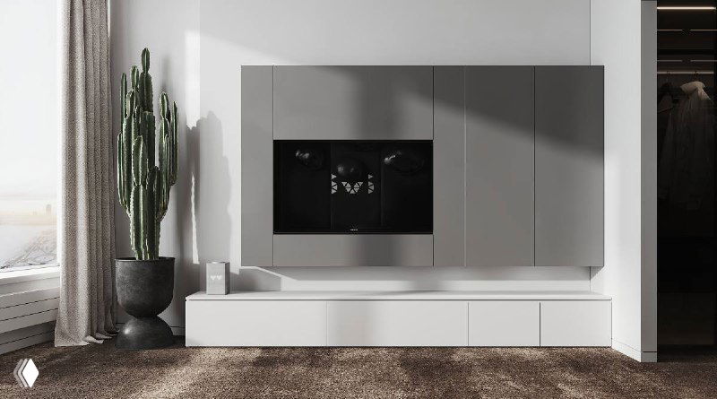 Медиа-зона с минималистичной тумбой, встроенным телевизором и крупным кактусом в современном интерьере — сочетание функциональности и природных акцентов.